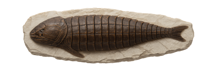 Holonema fossil showing elongated body with narrow, segmented armor plates