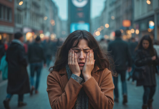 Woman experiencing panic attack in a busy city street. She holds her head in her hands, eyes closed, showing distress and isolation amidst a crowd of blurred figures. Mental health concept.