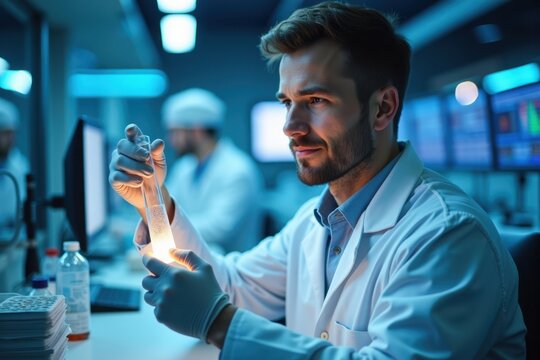 A white man wearing a lab coat is examining a glowing test tube in a modern laboratory. The background shows high-tech equipment and computer screens