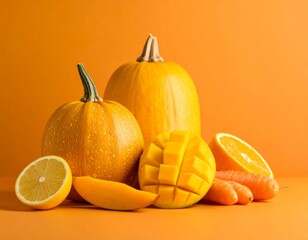 Orange pumpkins and autumn leaves decorate a wooden table, perfect for fall, Halloween, or Thanksgiving harvest illustrations