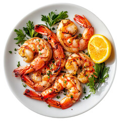 Grilled shrimps on white plate with herbs and lemon isolated on transparent background