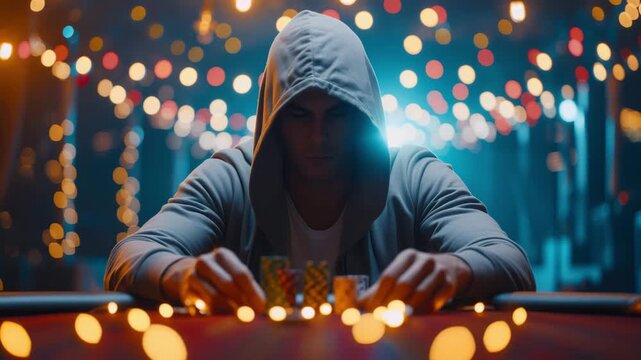 A hooded poker player sits at the casino table, surrounded by a blurred night tournament scene, creating an air of mystery and intensity. The video offers ample space for adding text or graphics.