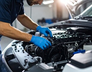 Auto mechanic repairing a broken car engine in a garage