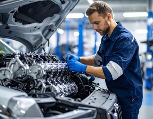 Auto mechanic repairing a broken car engine in a garage