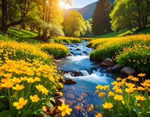 Tranquil river flowing through an autumn forest, reflecting the scenic sky and surrounding trees