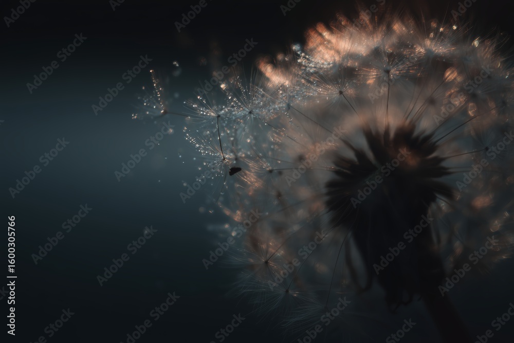 Poster macro close-up of a dandelion seed head illuminated by soft light creating an ethereal atmosphere