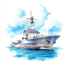 A detailed watercolor illustration depicts a powerful nuclear-powered military navy ship, a carrier fully loaded for naval operations at sea, showcasing its imposing presence and