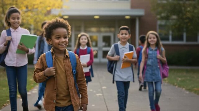 Smiling African American boy walking with diverse friends after school. Group of happy elementary students leaving the building.