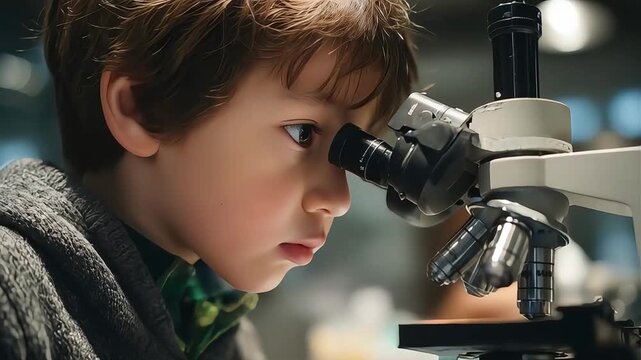 Close-up profile of a fascinated little boy using a microscope for a science discovery experiment.