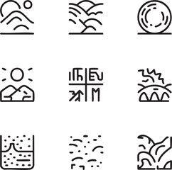 Fototapeta premium Geography and nature vector icon set outline style landscape,fields,mountains,sun,abstract pattern,geological map,seismic activity,ground texture,earth process icon set