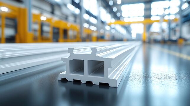 White extruded profiles on a factory floor
