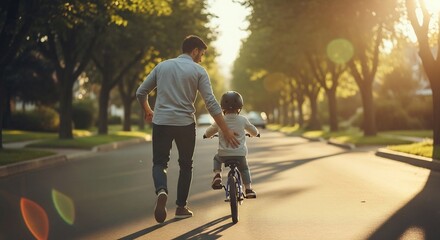 Heartwarming moment: Dad teaches child to ride a bike. Perfect for Father's Day ads, parenting blogs, outdoor activity campaigns, family health and safety promotions.