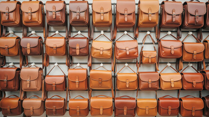 Naklejka premium A wall display of leather handbags and backpacks arranged in neat rows