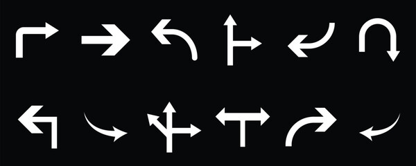 Arrow vector icon. traffic sign indicating vehicles may travel in either direction, Bended arrow, turning, crossroads arrows symbol  Arrows in different directions isolated on black background. 
