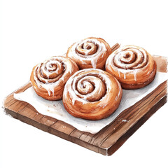 Fototapeta premium Watercolor Illustration of Cinnamon Rolls on Wooden Serving Board