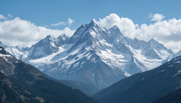 Majestic snow-capped mountain peaks under clear blue sky. Rocky ranges reveal geological formations, vast wilderness. Rich green forests blanket lower slopes, offering scenic beauty, hiking - Powered by Adobe