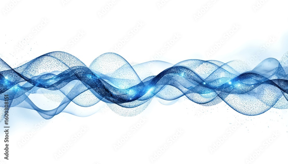 Fototapete Abstract blue wave pattern featuring dynamic curves, flowing motion. Digital illustration uses smooth gradients, particle effects, suggesting futuristic technology, sound visualization, data flow.