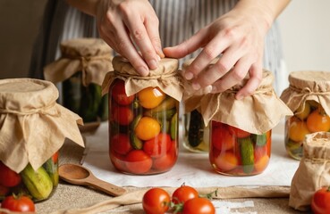 Woman hands sealing glass jars filled with ripe tomatoes and cucumbers. Home canning vegetables for preservation. Fermentation process of organic, healthy food, ingredients for winter meals.
