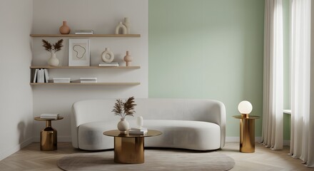 Stylish White Sofa Living Room with Two-Tone Green Wall & Gold Accents | Modern Minimalist Decor 
