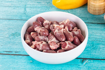 Raw chicken hearts for cooking