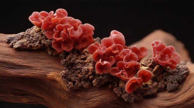 Close-up shot of vibrant scarlet elf cup fungi growing on decaying wood