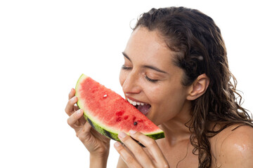 A happy woman is enjoying a juicy slice of watermelon savoring the sweet and refreshing taste of summer fruit isolated on transparent