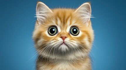 Fototapeta premium A charming portrait showcases an adorable British shorthair kitten with captivating golden fur and large expressive eyes against a serene blue background ideal for pet lovers and