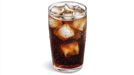 Refreshing iced cola drink poured into a tall glass filled with melting ice cubes on a white background perfect for summer advertisements and beverage promotions.