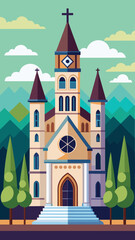 Vector art of a stylized illustration of a grand church with a tall central tower and two smaller spires set against a backdrop of stylized mountains and clouds