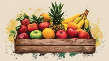 Please make a box design for the produce package. I will sell various produce in a bundle. The box design is designed to look like rural and natural fruits. I like the feeling of the illustration. -