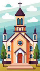 Naklejka premium Vector art of a vibrant flat illustration captures a picturesque church with a prominent steeple twin towers and a welcoming entrance set against a backdrop of