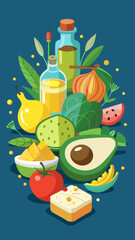 Vector art of a colorful assortment of fresh fruits vegetables and oils arranged in a cluster symbolizing a healthy and balanced diet