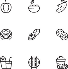 Fototapeta premium Healthy food and drink vector icon set outline style apple,salad,pickle,broccoli,avocado,lemon,juice,protein bar,bubble tea