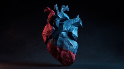 Origami Heart: A unique, geometrically folded origami heart, bathed in dramatic red and blue lighting. Symbolizing concepts of love, emotion, and the human body.
