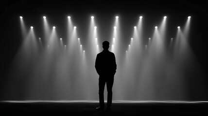 Fototapeta premium This person stands alone in darkness, facing bright light and deep emotional pressure.