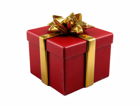 Elegant red gift box adorned with golden ribbon and bow, perfect for holidays on transparent background