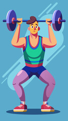 Obraz premium Vector art of a focused athlete in a green tank top and purple leggings performs a weightlifting squat with a barbell and blue weights