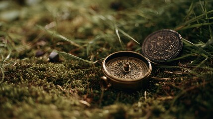 Compass in green Moss: A detailed shot of a vintage compass nestled amidst vibrant green moss, hinting at journeys, navigation, and the timeless allure of exploration.