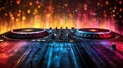 DJ equipment in vibrant lighting