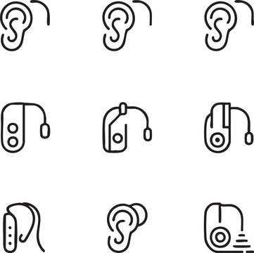 Hearing aid vector icon set medical device,outline style hearing,aid device,deafness,audiology,ear,sound,hearing assistance,amplification,technology,healthcare,ear care icons