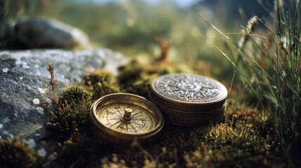 Golden Compass in Nature: A macro shot captures a vintage golden compass and a beautifully designed container resting on moss, symbolizing exploration and discovery in the heart of nature. 