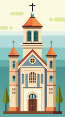 Fototapeta premium Vector art of a colorful flat vector illustration of a europeanstyle church with multiple towers a central steeple and a prominent cross surrounded by greenery