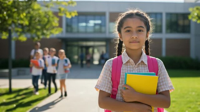 Portrait of a happy Hispanic elementary school girl with a backpack and books. Confident young student standing outside the school building on a sunny day.