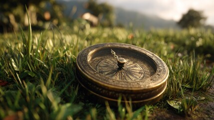 Navigational Compass on Green: An old, ornate compass lies centered in a field of green grass, offering a symbolic journey, sense of direction and exploration. It's perfect for travel, adventure.