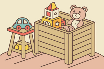 Naklejka premium Crate with different toys on wooden table. Space for text