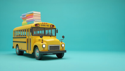 Yellow school bus carries stack of colorful books on roof. Isolated on turquoise background, whimsical 3D render signifies education, learning, childhood adventures. Ideal for concepts of back to