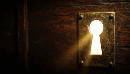 Golden light streams through antique keyhole set in weathered wooden surface. Illustration hidden knowledge, mystery, discovery, offering glimpse into secret ancient realm. Warm illumination, rustic