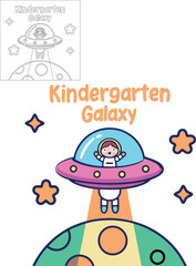 Smiling child astronaut in UFO exploring stars above cartoon planet Illustration