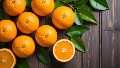 Fresh oranges, whole and sliced, on a dark wooden surface with leaves