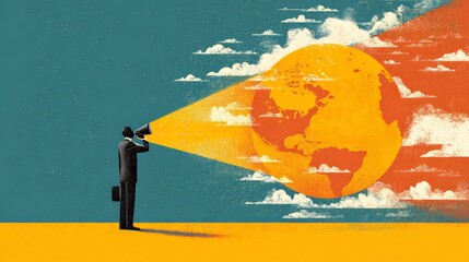 A businessman uses a megaphone to project ideas into a bright, vibrant future.